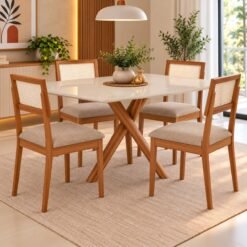 Mesa Cacau 130 (C/Vidro) Madeira/Off White com 4 Cadeiras Palmas Linho Bege – CIMOL
