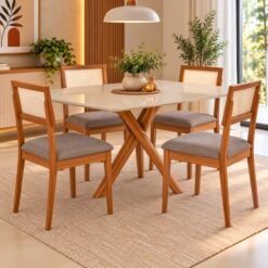 Mesa Cacau 130 (C/Vidro) Madeira/Off White com 4 Cadeiras Palmas Linho Cinza Grafite – CIMOL