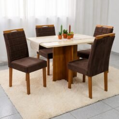 Mesa Salinas 100 (Tampo Dakota s/vidro) Cinamomo/Off White com 4 Cadeiras Las Vegas Veludo Marrom 17 – CEL MÓVEIS + OURO DECOR