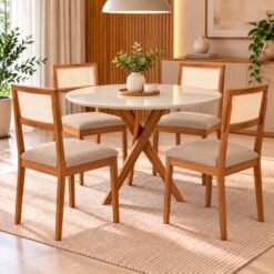 Mesa Redonda Cacau 109 Madeira/Off White com 4 Cadeiras Palmas Linho Bege – CIMOL